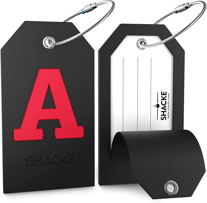 Shacke Large Luggage Tag Initial with Full Privacy Cover and Stainless Steel Loop - Black (Letter A)