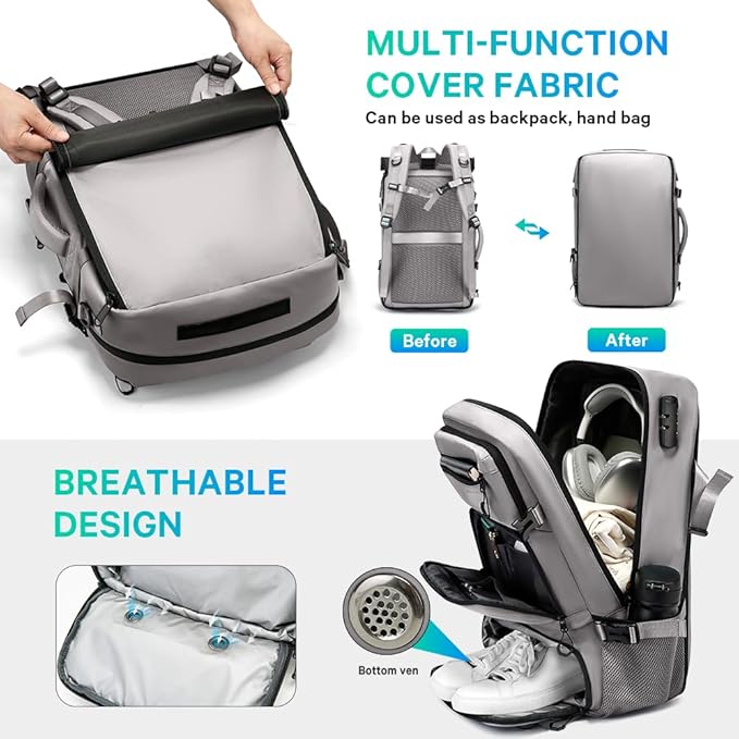 FUTURE AESTHEICS Travel backpack Carry-on Travel Backpack For Women Men Flight Approved Business Weekender Overnight Waterproof Daypack (Grey)