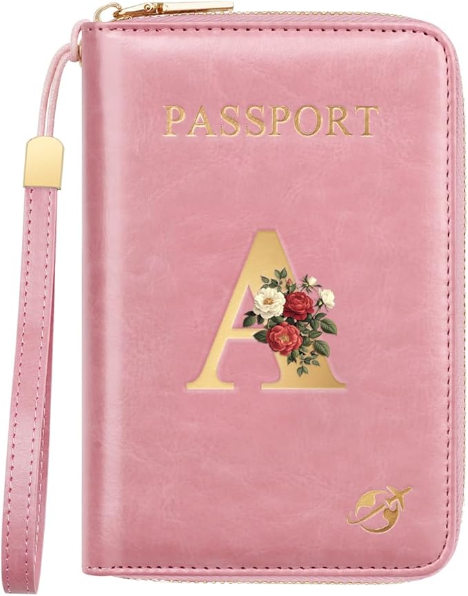 Passport Holder for Travel Personalized Passport Holder Initial Letter Rose Flower RFID Blocking Travel Wallets Credit Cards Holder for Women Men, Pink A