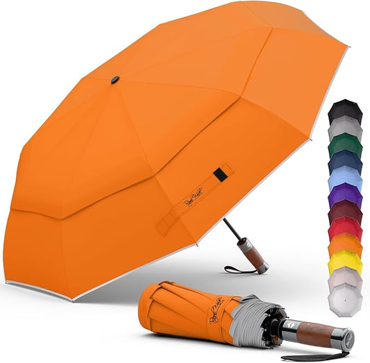 Royal Walk Windproof Folding Travel Umbrella Compact and Strong Luxurious Real Wood Handle Automatic Open Close Vented Double Canopy for Men and Women (Orange)