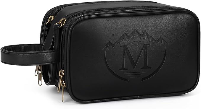 Travel Toiletry Bag for Men,Mens Shaving Bags for Toiletries,Men's Toiletry Travel Bag PU Leather,Personalized Travel Essentials,Birthday Gifts For Men,Black- M