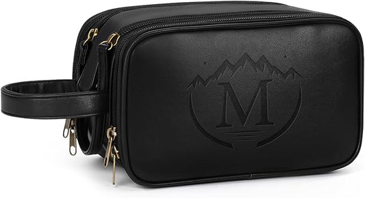Travel Toiletry Bag for Men,Mens Shaving Bags for Toiletries,Men's Toiletry Travel Bag PU Leather,Personalized Travel Essentials,Birthday Gifts For Men,Black- M