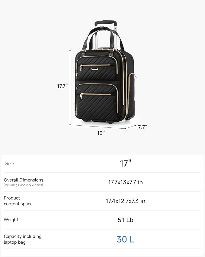 LUGGEX Underseat Carry On Luggage with Wheels, UDK2 Lightweight Under Seat Luggage, Soft Sided Personal Item Suitcase for Short Trip (UX-Core, Black, 17 Inch)