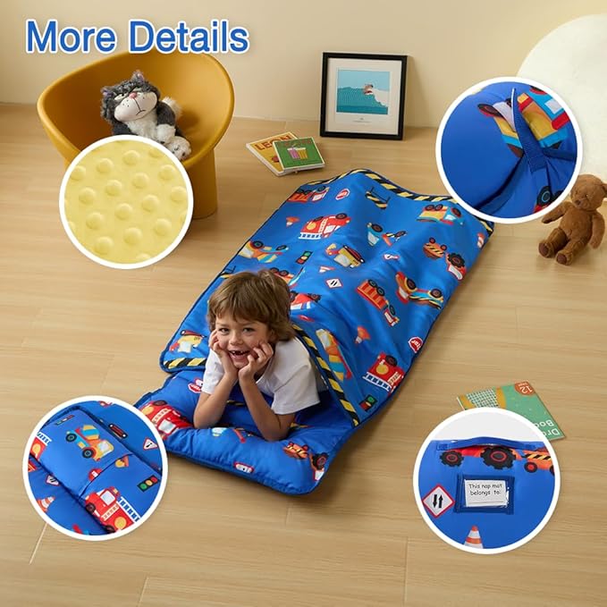 beeweed Toddler Nap Mat, Rollup Design Kid Sleeping Mat with Removable Pillow & Minky Blanket, Toddler Sleeping Bag for Daycare Preschool Travel Camping