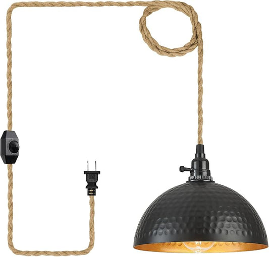 Plug in Pendant Lights Hammered Dome Hanging Lamp with Dimmable Switch 15 Ft Long Hemp Rope Farmhouse Pndant Light Cord Lighting Fixture DIY Hanging Light