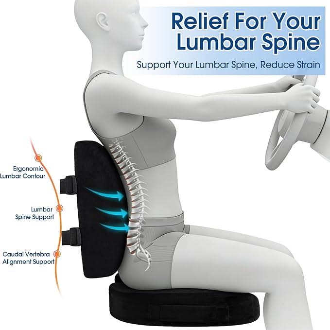 CloudBliss Lumbar Support Pillow & Seat Cushion Set for Office Chair, Desk Chair, Wheelchair & Car – Memory Foam Back Support, Ergonomic Chair Cushions, Sciatica Pain Relief, Home Essentials, Black