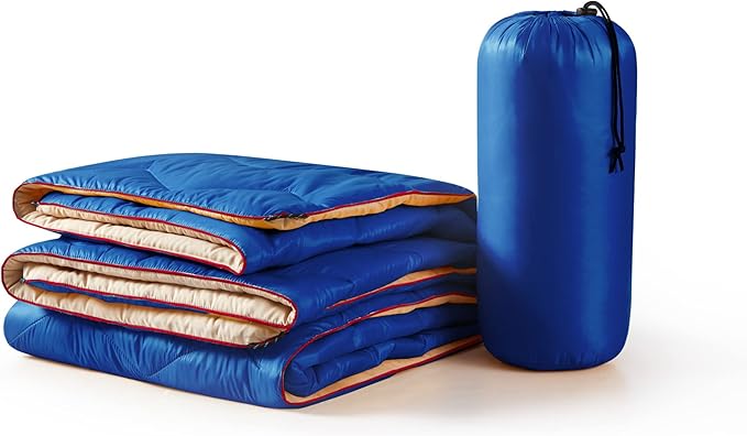 UNIKOME Waterproof Puffy Camping Blanket - Lightweight Packable Outdoor Quilt with Corner Loops, Warm Compact Blanket for Cold Weather Hiking Picnic Stadium Travel, 75"×52", Blue