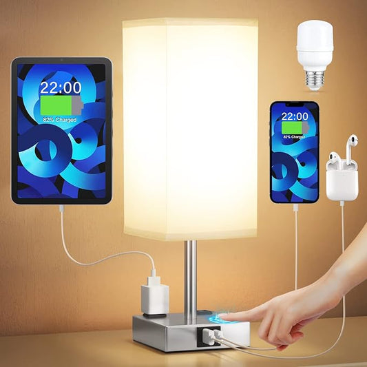 Touch Bedside Table Lamp for Bedroom - Dimmable, USB C+A, 2 AC Outlets | 3-Way Dimming, 3000K Bulb Included, Square Grey Lampshade and Silver Base, Desk Lamp for Nightstand, Living Room, Dorm