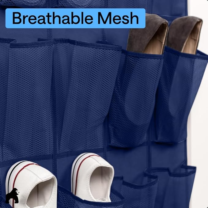 GORILLA GRIP Over the Door Shoe Organizer, 24 Large Breathable Mesh Pockets, Space Saving Hanging Storage Holder, Closet Rack Hanger Holds Up to 40 lbs, Hangs on Closets for Shoes, Accessories, Navy