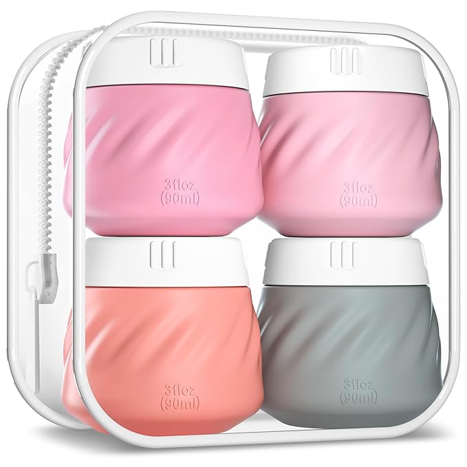 Gemice Silicone Cream Jars TSA Approved Travel Size Containers with Toiletry Bag, Wide Mouth Leak-proof Travel Accessories with Lid for Cosmetic Cream (4 Pack)