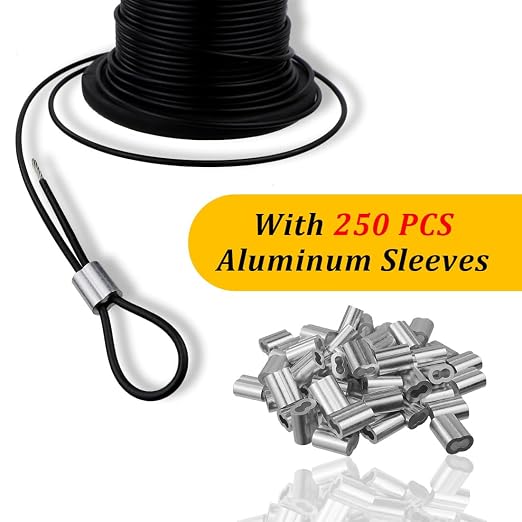 Vinyl Coated Wire Rope 304 Stainless Steel Coated Wire Cable-Black, 1/16" OD to 3/32" x700FT, with 250 Pcs Crimping Sleeves-Cable for String Lights, Suitable for Clotheslines