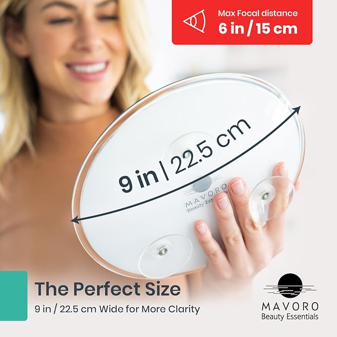 Mavoro 9'' Magnifying Mirror with 3 Strong Suction Cups | 5X Magnification | Portable Travel Makeup & Cosmetic Mirror (5X)