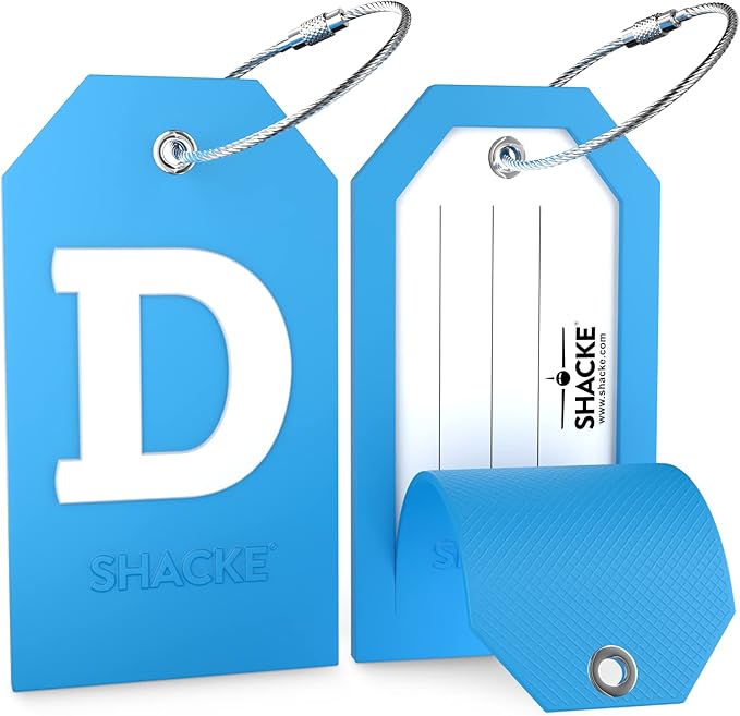 Shacke Initial Luggage Tag with Full Privacy Cover and Stainless Steel Loop - Aqua Teal (Letter D)