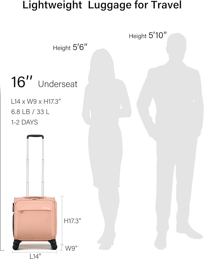 Hanke 16 Inch Underseat Carry On Luggage with Wheels Small Suitcase Softside Luggage Bags for Travel Lightweight Suitcases with Wheels Travel Luggage Personal Item for Men and Women(Pink)