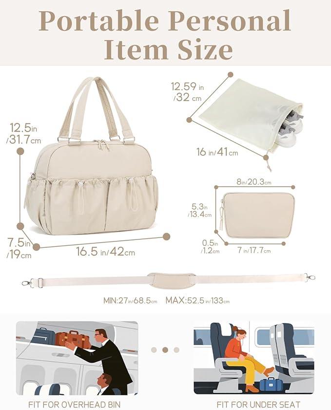 Carry On Duffle Bag with 15.6 Inch Laptop Compartment, Gym Bag for Women with Wet Pocket, Shoe Bag and Toiletry Pouch, Personal Item Travel Duffel Weekender Overnight Bags, Khaki