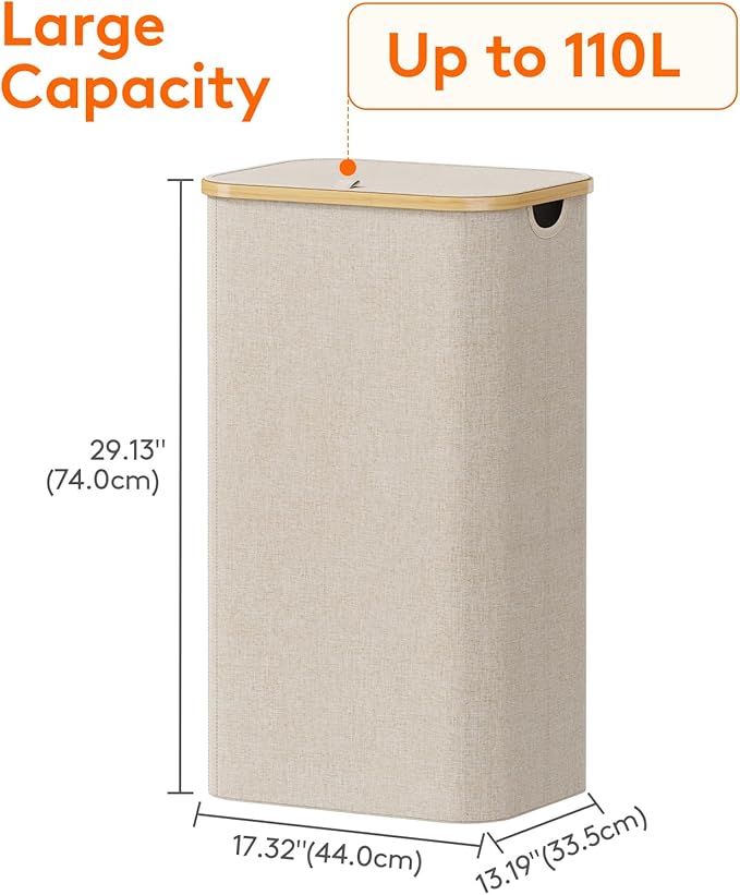 Lifewit 110L Laundry Basket with Lid, Clothes Hampers for Laundry with Bamboo Handles and 1 Removable Bag, Large Foldable Laundry Hamper for Bedroom, Bathroom, Dorm, Laundry Room, Beige