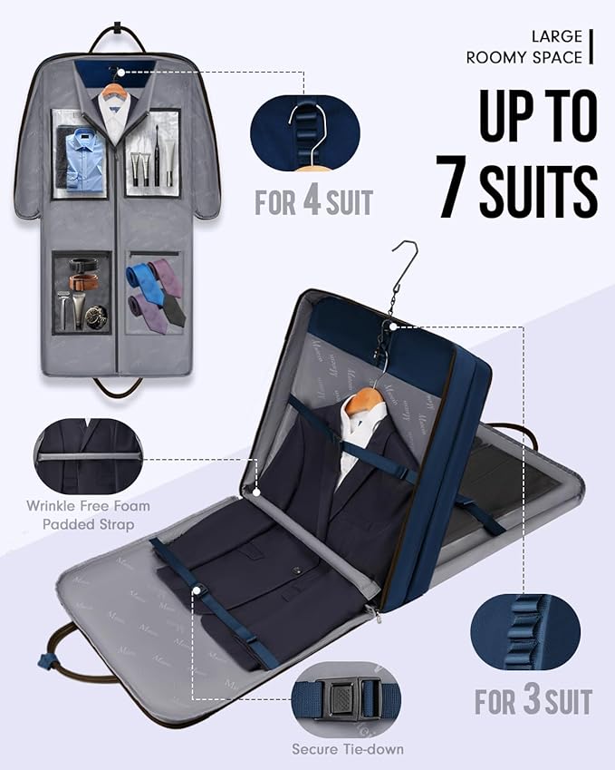 MATEIN Suit Bag Travel, Large Travel Garment Bag Up to 7 Suits with Strap, Business Foldable Garment Carrier Fit 17.3 inch laptop, 2 in 1 Carry On Hanging Luggage Suitcase with Shoe Compartment, Blue