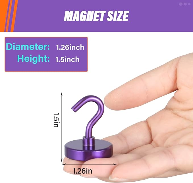 Neosmuk Magnetic Hooks Heavy Duty,Strong Magnet with Hook for Fridge, Super Neodymium Extra Strength Industrial Hooks for Hanging, Magnetic Hanger for Toolbox, Cruise, Grill(Purple,6 Pack)
