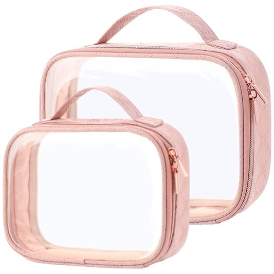 PACKISM Clear Makeup Bag Combo Pack, 1 TSA Approved Medium & Large for Checked Luggage, Clear Toiletry Bag with Handle, Water-resistant Travel Essentials Organizer, Rose Pink
