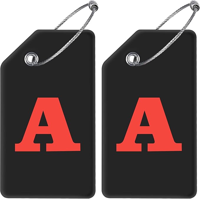 Gostwo 2 Pack Silicone Luggage Tags for Suitcases, 26 Initial Letter Baggage Labels Handbag School Bag Suitcase Instrument Tag with Stainless Steel Loop(Black)(Letter A)