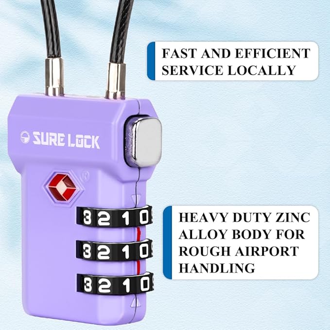 SURE LOCK TSA Approved Luggage Locks – 3-Digit Combination Cable Lock with Red Indicator, Large Dial & Easy-Press Button for Suitcases and Backpacks – Multi-Pack & Color Options