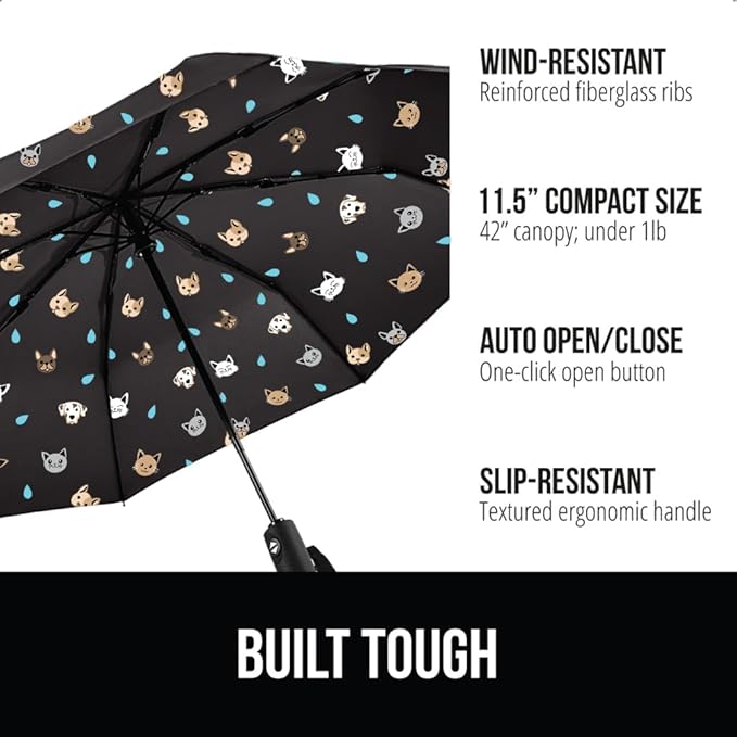 GORILLA GRIP Strong Windproof Stick Compact Umbrella for Rain, One-Click Automatic Open and Close, Durable Quick Dry Waterproof Material, Lightweight and Portable, Travel Size Fits Backpack, Cats Dogs