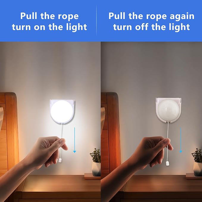 Battery Light Bulb, 2Pack Battery Operated Closet Lights with Pull Chain | Zwesanii Wireless Stick up Wall lights Pull String Light Fixture for Cabinet Bedroom Bathroom Study Room, Cool White 6000K