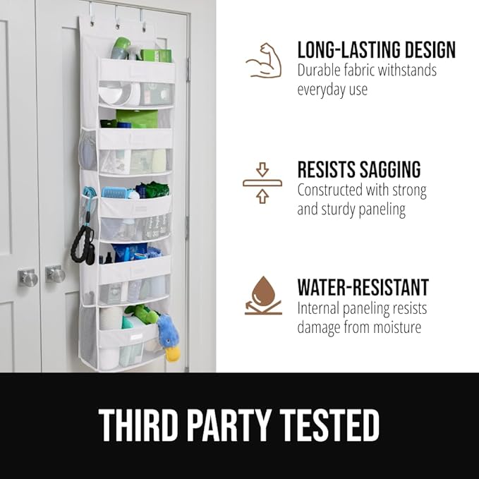 GORILLA GRIP Over The Door Organizer Storage, 5 Deep Hanging Shelves, Holds 50lbs, Closet Organizers Shelf for Bedroom, Shoes, Bathroom, Nursery, Dorm Essentials, 3 Metal Hooks, 58x15 Inches, White
