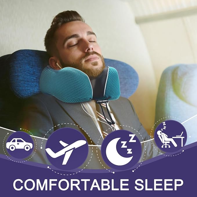 napfun Neck Pillow for Travel with Travel Pouch, Sleep Mask & Earplugs, Memory Foam Airplane Pillow for Headrest Sleep with Eyeshades, Plane Essentials with Eye Blindfold, Teal Striped Kit