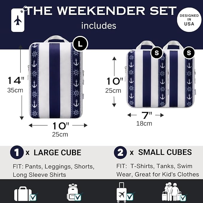Compression Packing Cubes 3pc Set for Carry On Suitcase & Backpack, Organizer Bags for Kids & Adults, Packing Cubes for Travel 3pc Set - Cabana Stripe Navy