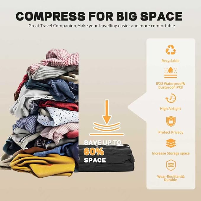 Reusable Vacuum Bags for Travel,Professional Waterproof IPX8 Vacuum Compression Bag for Suitcases Backpack,Space Saver Bags Packing Organizers for Clothing Packing(1 Pack,Black)