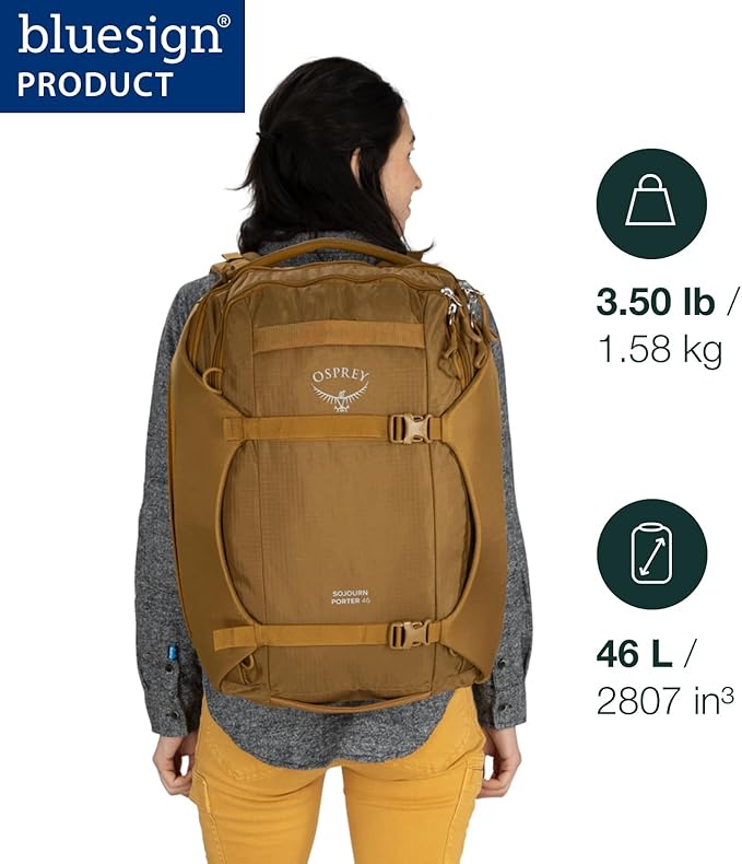 Osprey Sojourn Porter 46L Travel Backpack – Carry-On Compliant Luggage with StraightJacket Compression and Padded Laptop Sleeve – Durable Pack for International or Urban Travel, Koseret Green