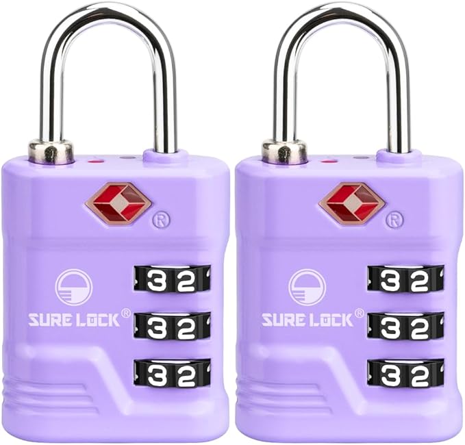 SURE LOCK TSA Approved Luggage Lock – 3-Digit Resettable Combination Padlock with Open Alert Red Dot, Large Easy-Read Dials for Suitcases, Backpacks, Gym & School Lockers(Purple 2 pk)