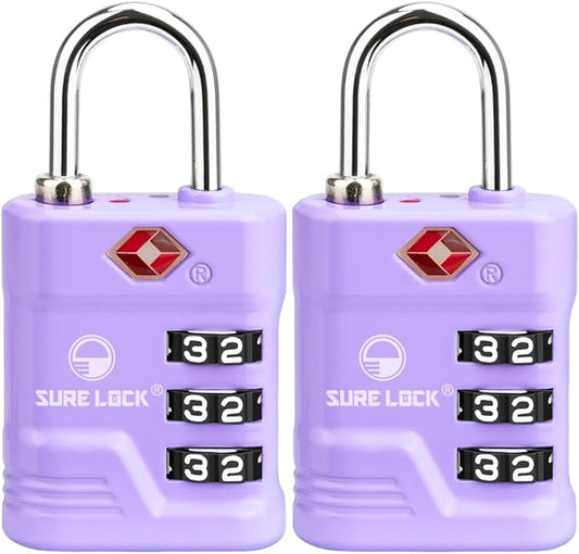 SURE LOCK TSA Approved Luggage Lock – 3-Digit Resettable Combination Padlock with Open Alert Red Dot, Large Easy-Read Dials for Suitcases, Backpacks, Gym & School Lockers(Purple 2 pk)