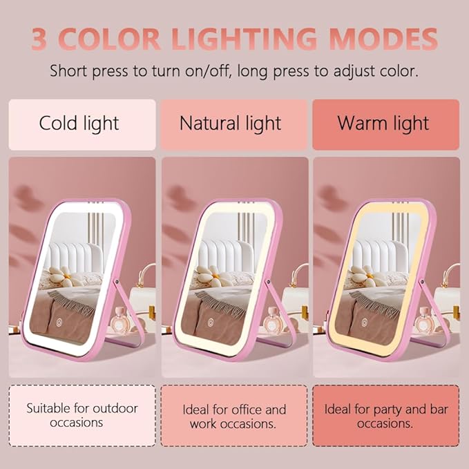 YEKKOPT Pink Rechargeable Vanity Mirror with Lights, LED Makeup Mirror, 10"×8" Lighted Makeup Mirror with Lights, Smart Touch Control Dimmable 3 Modes Light, Lighted Up Mirror for Makeup Desk, Bedroom