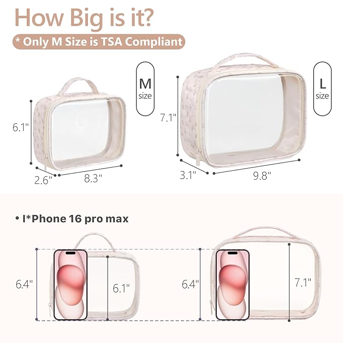 PACKISM Stylish TSA Approved Toiletry Bag Set, Flora, Clear Makeup Bag with Handle, 1 TSA Medium & 1 Large for Travel, Gift for Women, Pink Ditsy Floral