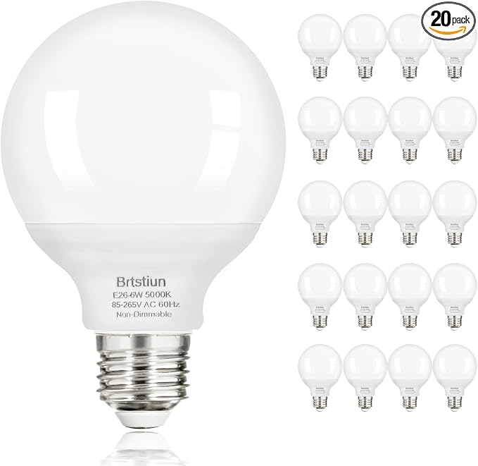 Brtstiun G25 LED Light Bulbs, Round Vanity Light Bulb for Bathroom, 40W Equivalent, Daylight White 5000K, E26 Base Globe Light Bulbs, 600LM, Non-Dimmable, 20-Pack