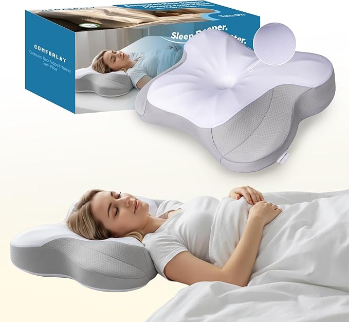 Talc-Free Cervical Memory Foam Pillow for Neck and Shoulder, Butterfly-Shaped Ergonomic Breathable Pillow for Side Back Stomach Sleepers with Pillowcase, Skin-Friendly Fabric