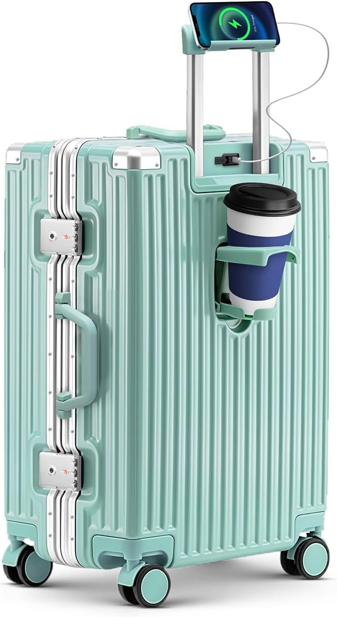 20 Inch Carry On Suitcase, Aluminum Frame Zipperless Hard Shell Luggage with Spinner Wheels, TSA Lock, USB Charging Port, Phone Holder, Cup Holder for Business Travel and Trips, Mint Green