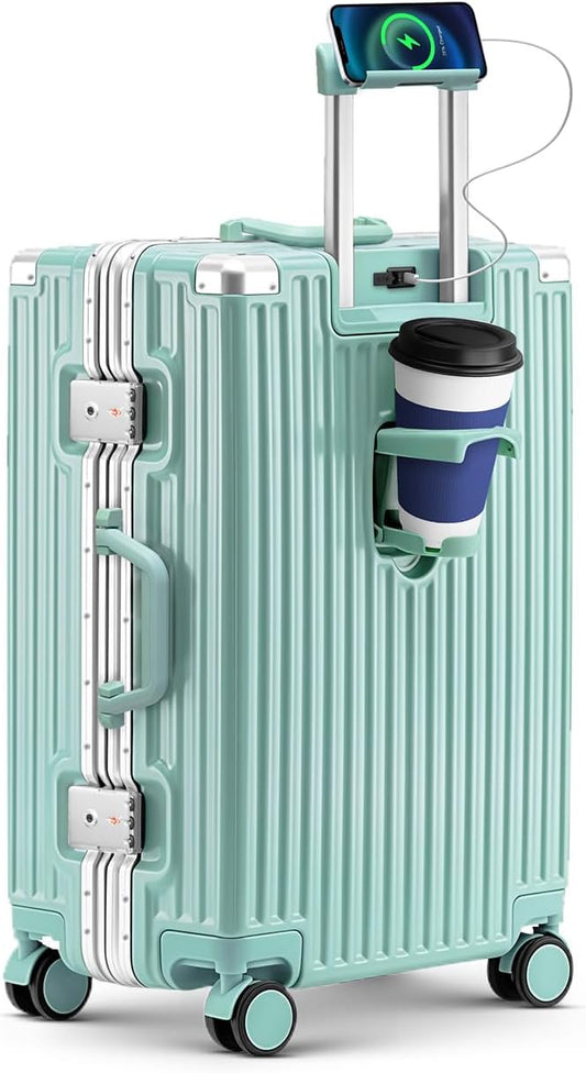 20 Inch Carry On Suitcase, Aluminum Frame Zipperless Hard Shell Luggage with Spinner Wheels, TSA Lock, USB Charging Port, Phone Holder, Cup Holder for Business Travel and Trips, Mint Green