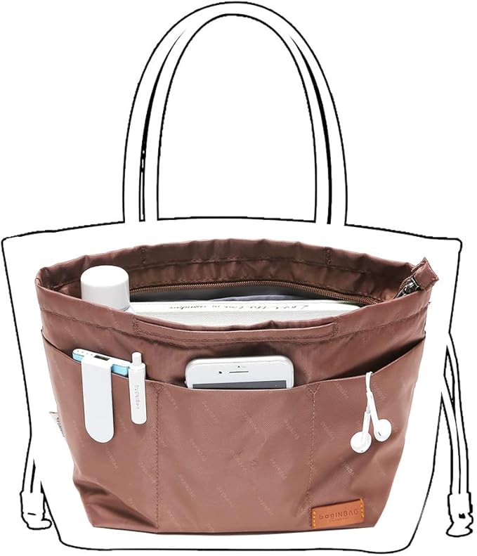 iN. Purse Organizer Insert with zipper, Nylon fabric Storage Bag with handles, for womens Handbags & Tote bags, neverfull, lightweight medium sized Brown