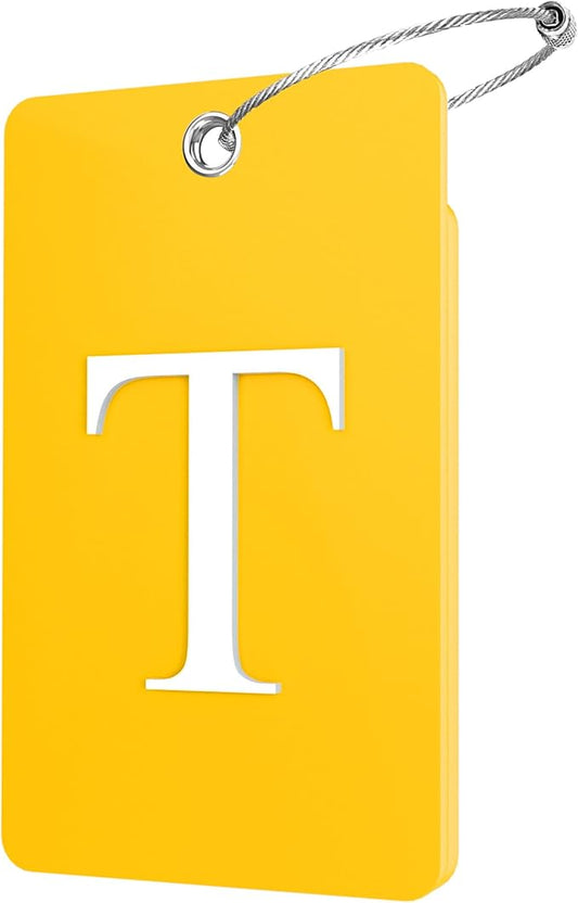Gostwo 2 Pack Luggage Tags for Suitcases, 26 Initial Letter Travel Luggage Baggage Identification Labels ID Tag Fully Bendable Tags with Stainless Steel Loop (Yellow) (Letter T)
