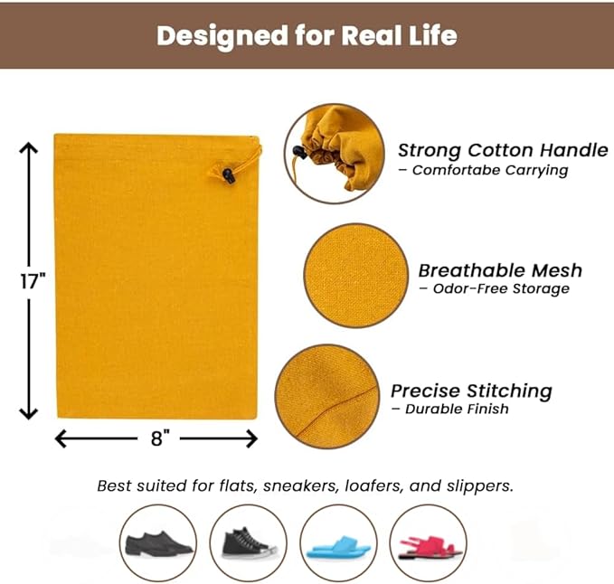 LFH Cotton Rich Shoe Storage Bags with Drawstring, Dustproof Breathable Reusable Organizer, Perfect For Travel, Dorm, Hotel, College, Gym, Easy to Carry, Machine Washable 8"x17" (Pack of 2) - Golden