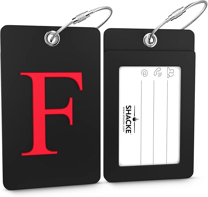 Shacke Luggage Tag Initial - Fully Bendable Tag w/Stainless Steel Loop - Black (Letter F)