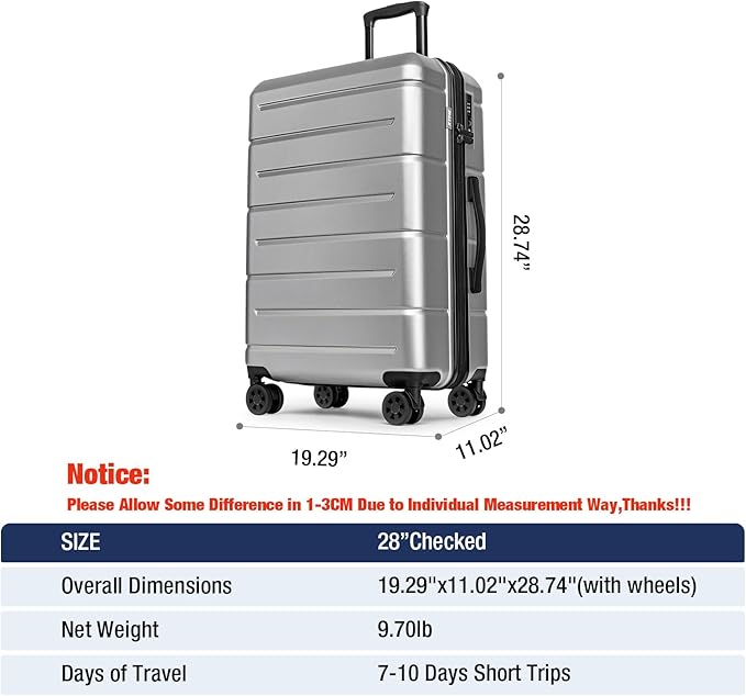 KYME Large Suitcases with Wheels Hardshell 28 Inch Luggage TSA Approved Big Checked Luggage Durable Travel Rolling Suitcase Women Men Silver Grey