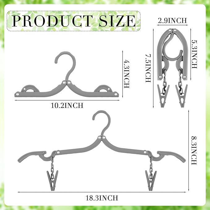 12 Pieces Folding Travel Hangers Foldable with Clips Portable Collapsible Coat Hanger Travel Drying Rack for Clothes, Gray
