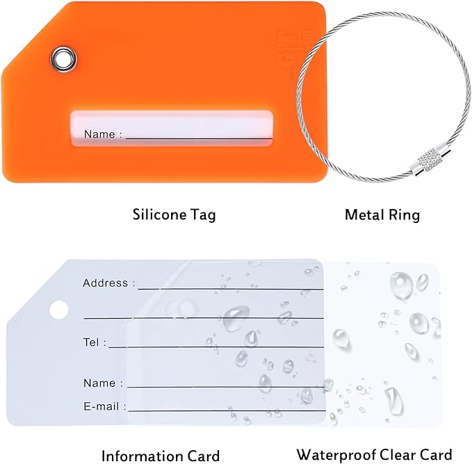 10 Pack Silicone Luggage Tag for Suitcases with Stainless Loop, TSA Approved, Privacy Protection Travel Essentials Bag Tags by Gostwo, Orange
