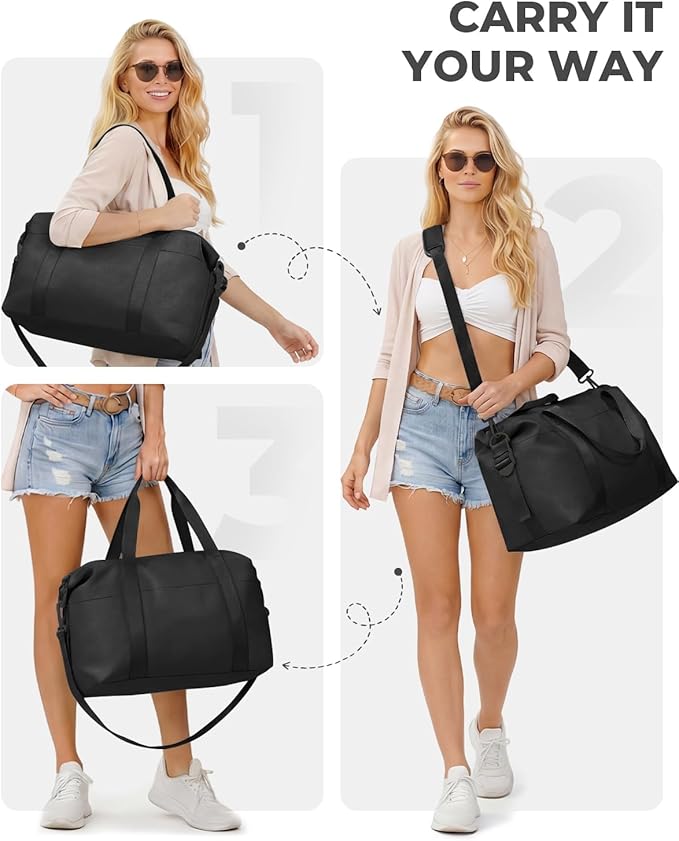 Percover Weekender Travel Duffel Bag for Women, Lightweight Soft-Structure 33L Carry-On, Water-Resistant Nylon with Shoulder Strap & Trolley Sleeve, Personal Item Friendly, Midnight Black