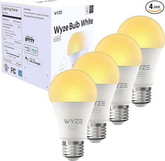 Wyze Lifestyle 800LM A19 Tunable Smart Light Bulb White, 4-Pack | 800LM Tunable White 2.4GHz WIFI Smart Bulb ALEXA & GOOGLE Smart No Hub Required Plug