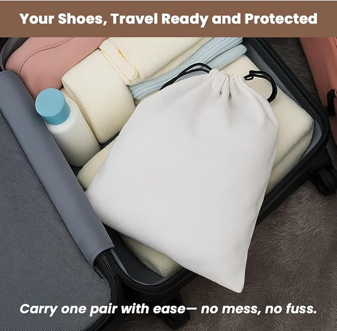 LFH Cotton Rich Shoe Storage Bags with Drawstring, Dustproof Breathable Reusable Organizer, Perfect For Travel, Dorm, Hotel, College, Gym, Easy to Carry, Machine Washable 12"x17" (Pack of 4) - White